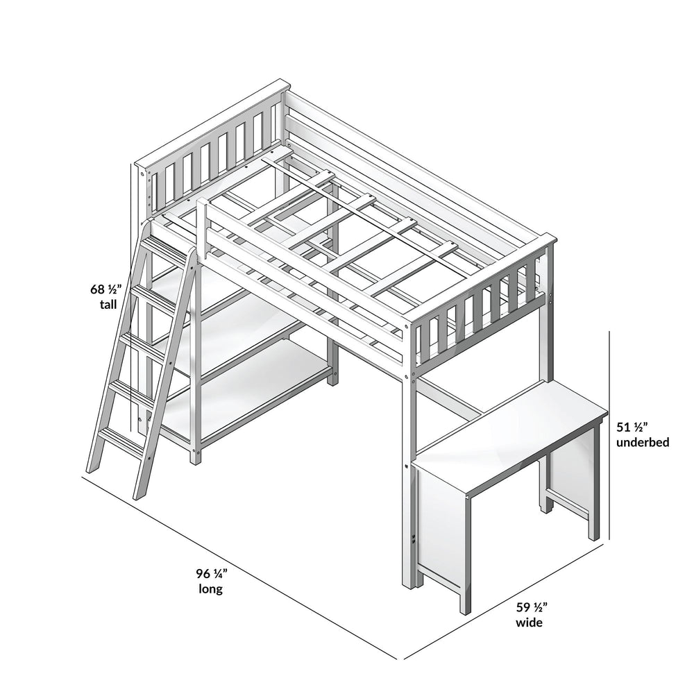 Loft bed with desk, ladder, and shelving unit, 68.5 inches tall, ideal for maximizing space in small bedrooms.