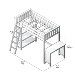Loft bed with desk, ladder, and shelving unit, 68.5 inches tall, ideal for maximizing space in small bedrooms.