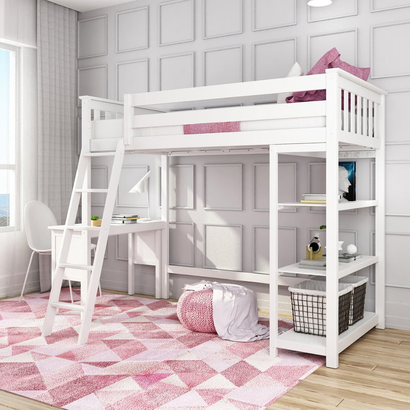 White loft bed with desk and shelves, pink geometric rug, and modern decor in a bright, minimalist room. Perfect for maximizing small space living.