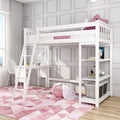 White wooden loft bed with ladder, built-in desk and open shelving in a bright girls' bedroom featuring pink geometric rug, knit pouf and natural wood floors — space-saving kids bedroom furniture