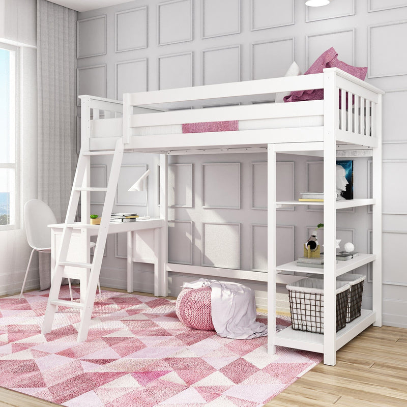 White wooden loft bed with ladder, built-in desk and open shelving in a bright girls' bedroom featuring pink geometric rug, knit pouf and natural wood floors — space-saving kids bedroom furniture