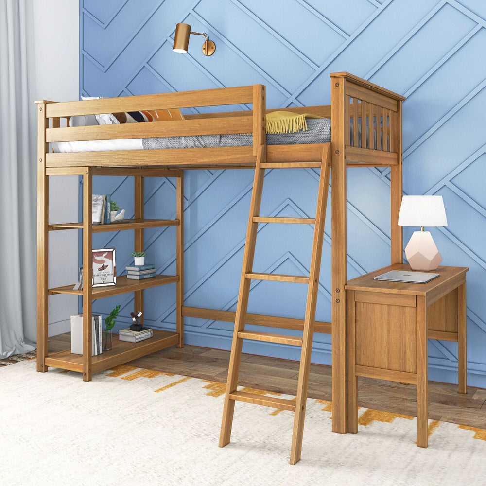 185218-007 : Loft Beds Twin-Size High Loft Bed With Bookcase & Desk, Pecan