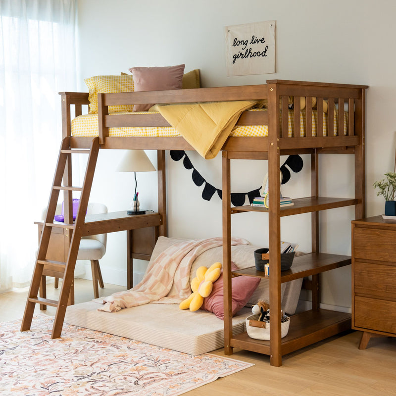 Cozy wooden loft bed with yellow bedding and desk underneath in a stylish children's bedroom.