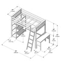 Assembly diagram of wooden loft bunk bed with ladder, integrated desk and shelving, annotated dimensions in inches and centimeters for DIY assembly
