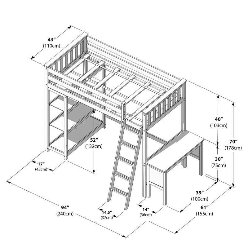 Isometric line drawing of a wooden loft bed with ladder, built-in desk and shelving, annotated with dimensions in inches and cm (94" x 43" footprint, 70" overall height, 52" under-bed clearance, desk 61" x 39" x 30").
