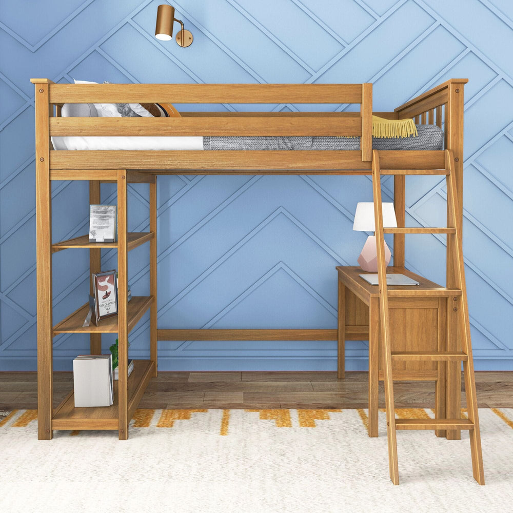 185218-007 : Loft Beds Twin-Size High Loft Bed With Bookcase & Desk, Pecan