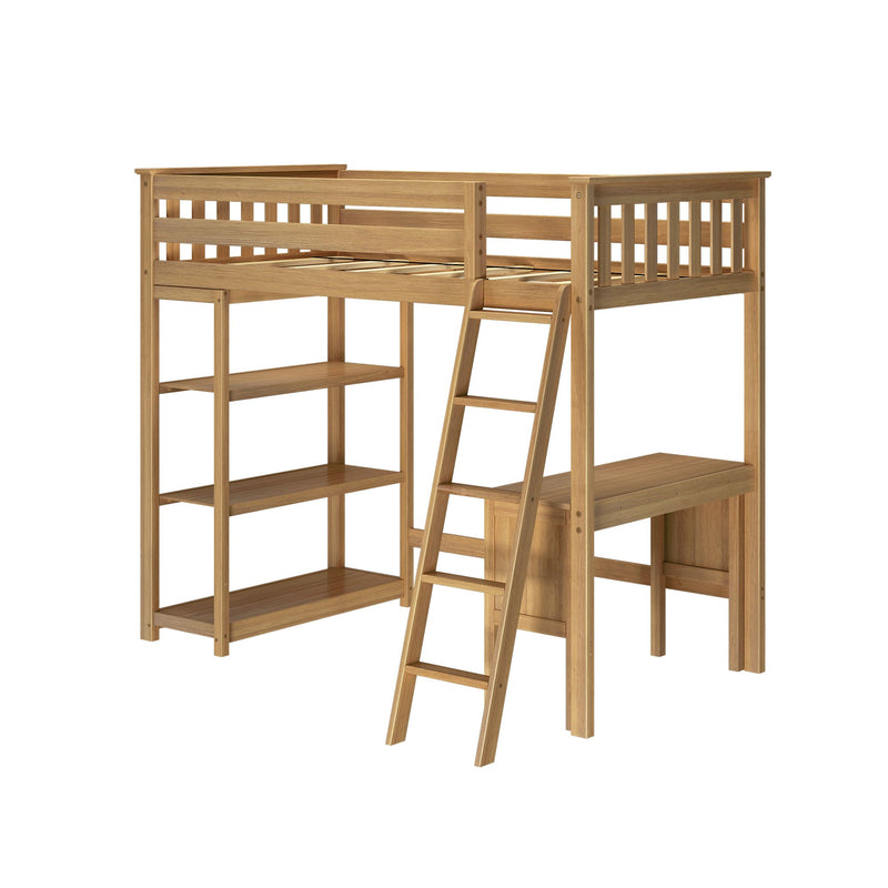 Wooden loft bed with ladder, desk, and shelves for kids' bedroom furniture optimization.