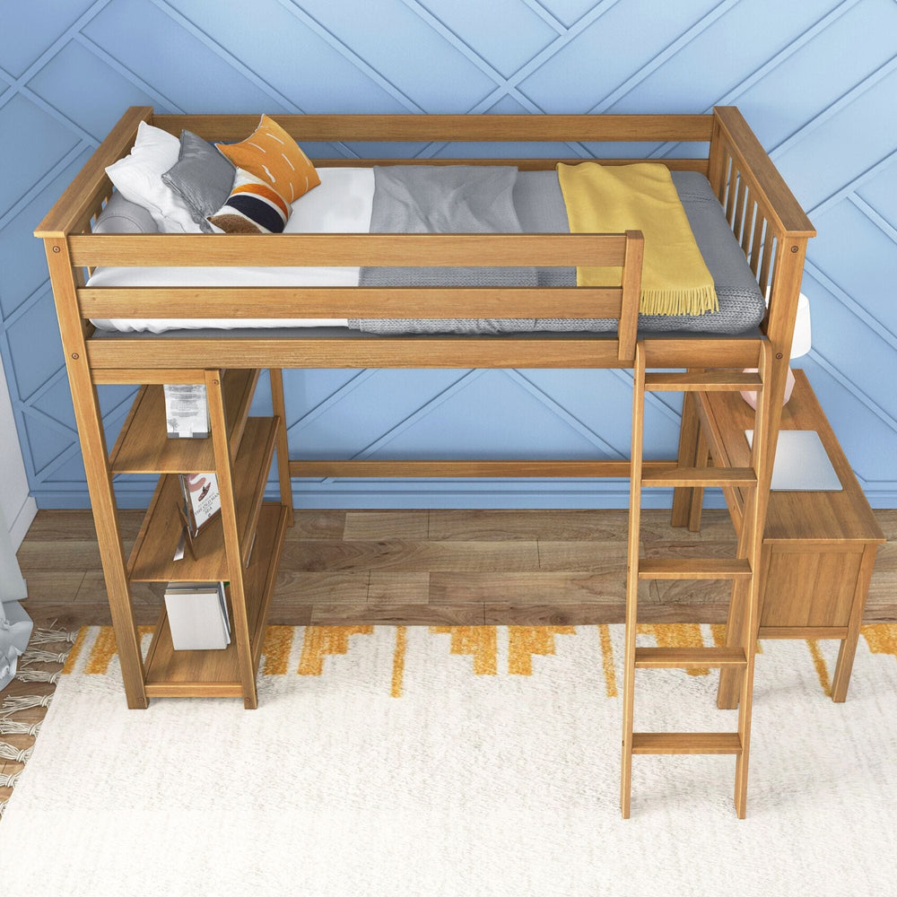 185218-007 : Loft Beds Twin-Size High Loft Bed With Bookcase & Desk, Pecan