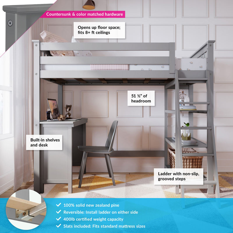Loft bed with built-in desk and shelves, non-slip ladder, and spacious headroom, crafted from solid New Zealand pine for high ceilings.