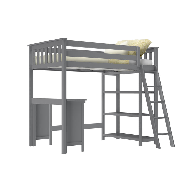 Gray wooden loft bed with desk and shelves, perfect for maximizing space in small bedrooms.