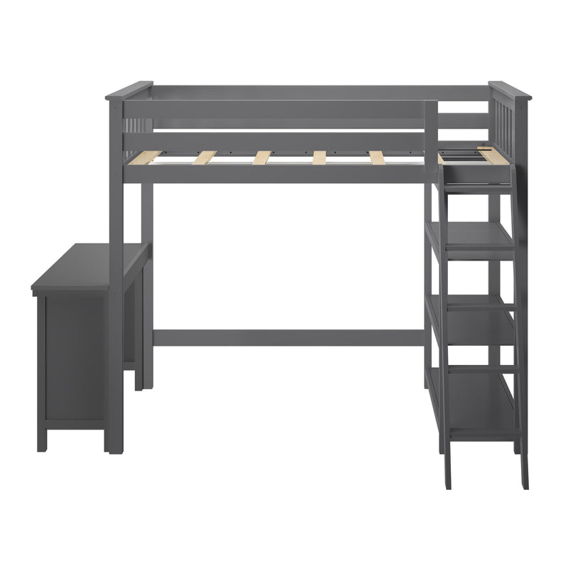Grey loft bed with ladder and desk for space-saving bedroom furniture.
