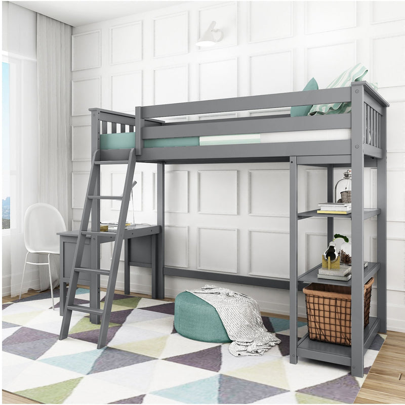 Gray loft bed with desk and shelves in modern bedroom setup.