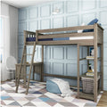 Twin wooden loft bed with ladder, built-in desk and open shelving in modern kids' bedroom with blue paneled wall and geometric rug