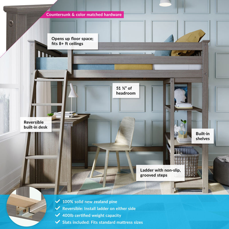 Loft bed with built-in desk and shelves, reversible ladder, non-slip steps, perfect for maximizing space in rooms with 8+ ft ceilings.