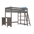 Gray wooden loft bed with built-in ladder, desk and open shelves, twin mattress with blue bedding, space-saving kids and teen bedroom furniture