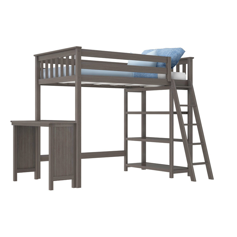 Gray wooden loft bed with built-in ladder, desk and open shelves, twin mattress with blue bedding, space-saving kids and teen bedroom furniture