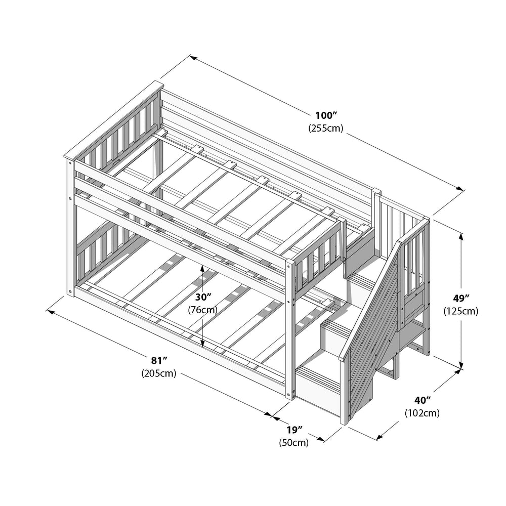 Detailed diagram of a wooden bunk bed with stairs, showcasing dimensions and measurements in both inches and centimeters for optimal space planning.