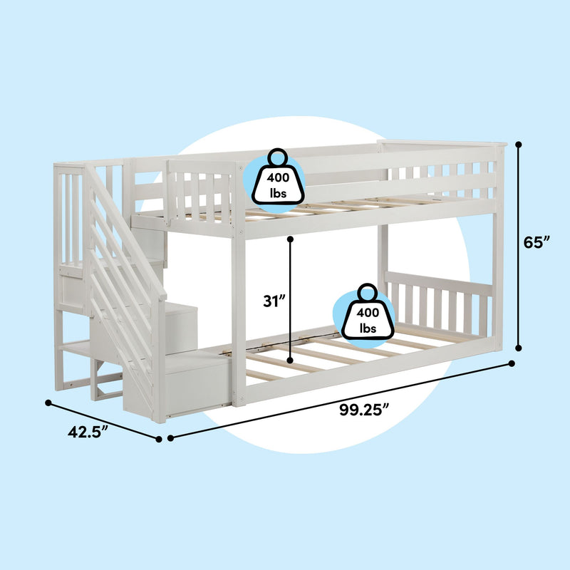 Twin Over Twin Low Bunk Bed With Stairs