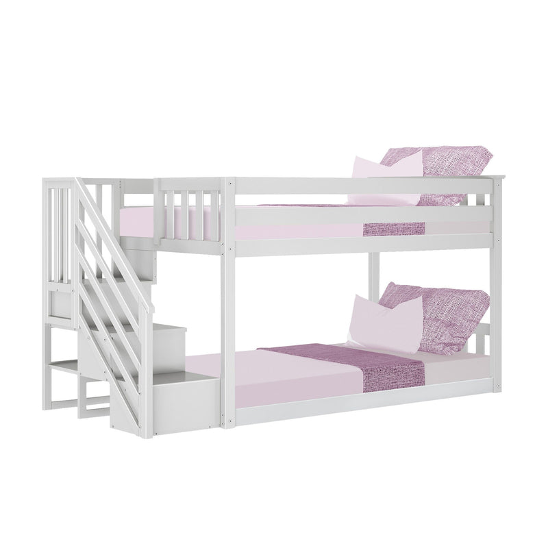 White wooden twin-over-full bunk bed with built-in staircase storage and pink bedding, modern kids’ bedroom furniture