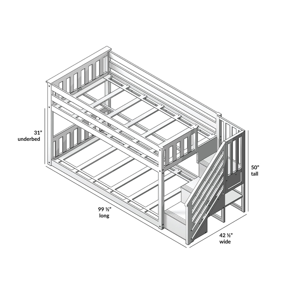 Detailed diagram of a wooden bunk bed with stairs, showing measurements: 50 inches tall, 99.5 inches long, and 42.5 inches wide.