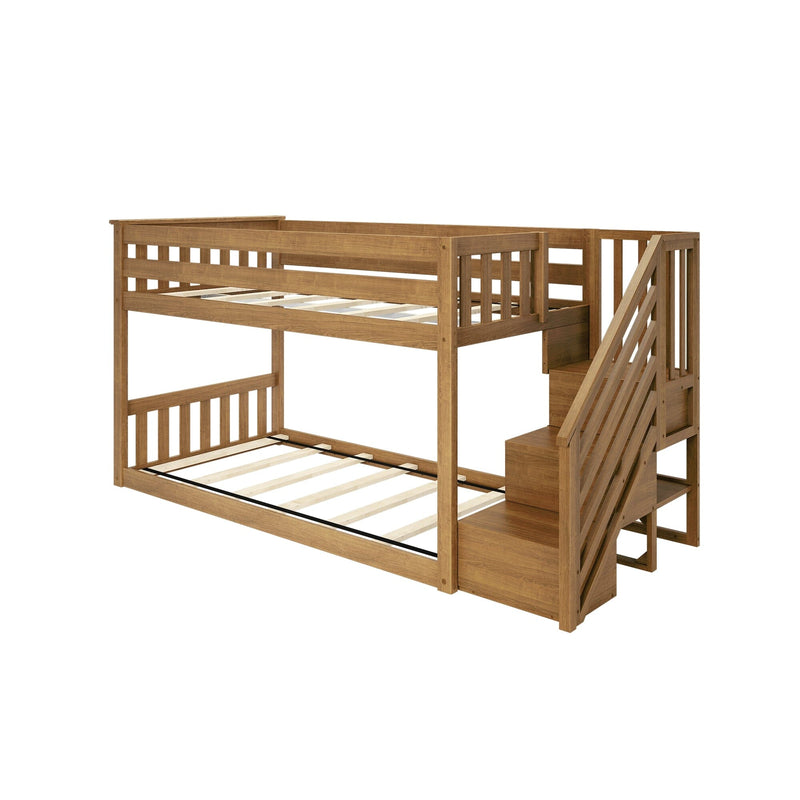 Wooden bunk bed with stairs and safety rails for kids and adults.