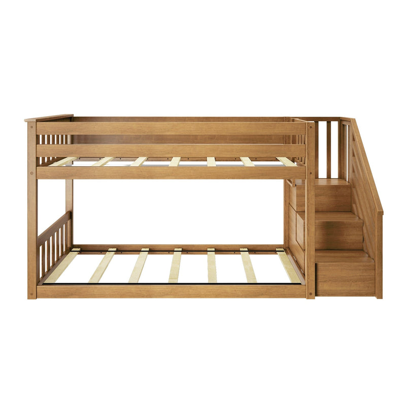 Wooden bunk bed with stairs and storage drawers for kids' bedroom.