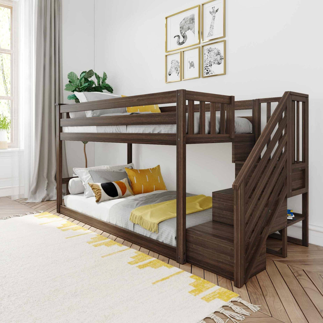 185220-008 : Bunk Beds Twin over Twin Low Bunk Bed with Staircase, Walnut