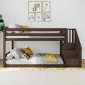 Dark walnut wooden bunk bed with built-in stairs, twin-over-full children's bed with white and gray bedding and yellow accents
