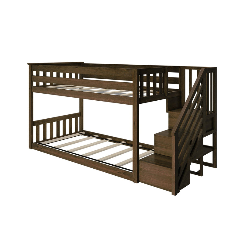 Wooden bunk bed with stairs, dark brown finish, modern design.