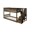 Solid wood twin-over-full bunk bed with staircase storage, dark espresso finish, slatted mattress platforms and safety rails — space-saving kids bedroom furniture