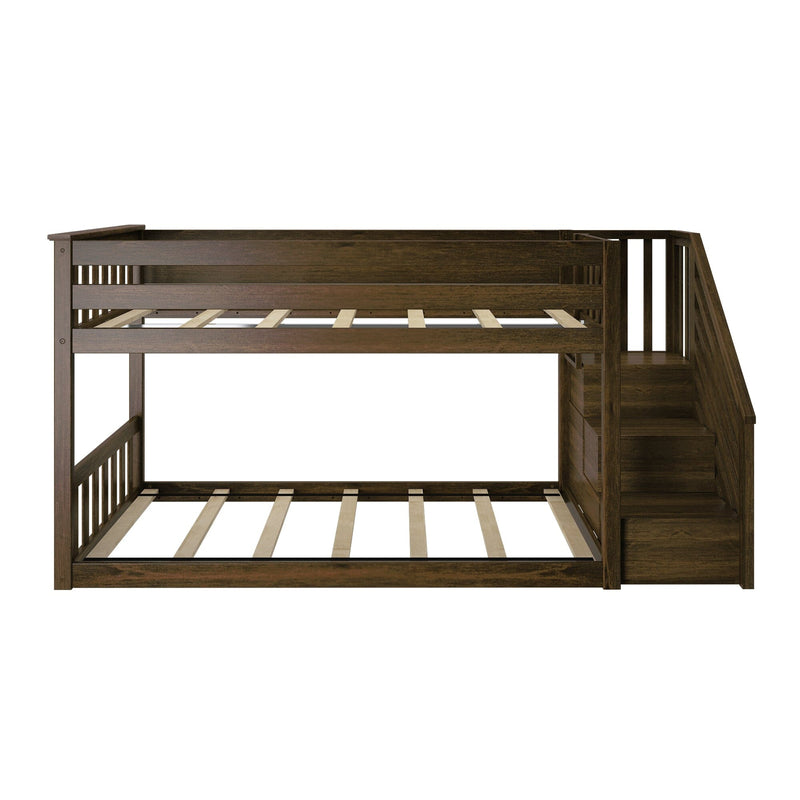 Wooden bunk bed with side ladder and sturdy frame, ideal for saving space in a kids' bedroom.