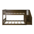 Dark brown wooden twin-over-full bunk bed with built-in storage staircase, slatted mattress supports, and rustic kids loft bed frame