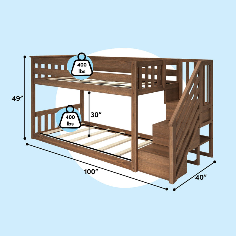 Brown wood-finish two-tier bunk bed with staircase storage and slatted frames, 100”×40”×49”, 30” clearance, 400 lb weight capacity per bunk, space-saving kids bed