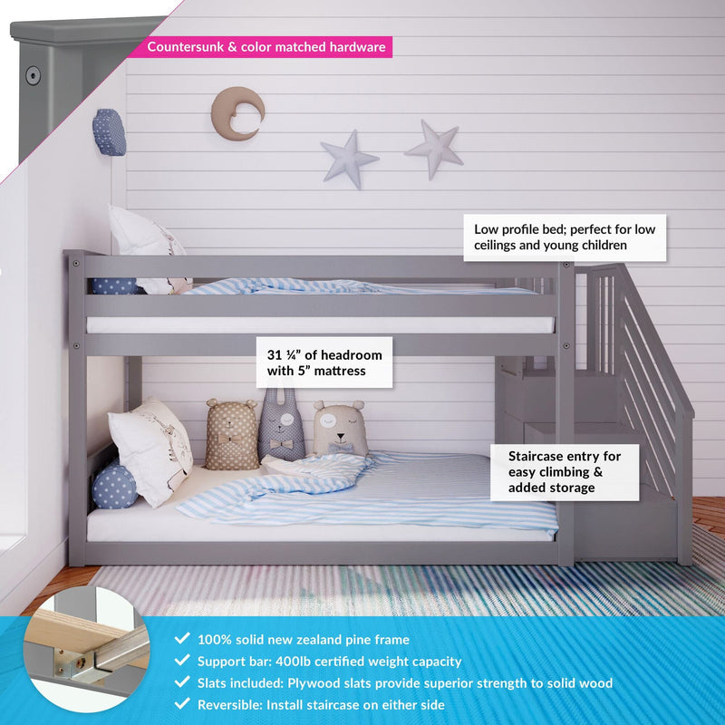 Gray wooden bunk bed with stairs, low profile design, ideal for kids' room with small space and low ceilings, featuring solid New Zealand pine frame and 400lb weight capacity.