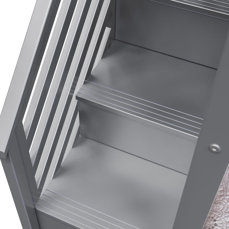 Modern metallic stair design with sleek gray finish and horizontal slats.