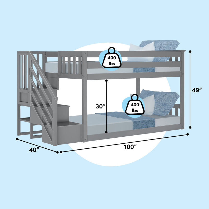 Gray twin-over-twin bunk bed with staircase and built-in storage, 100" L x 40" W x 49" H, 30" lower clearance, 400 lb weight capacity per bunk, space-saving kids bedroom solution