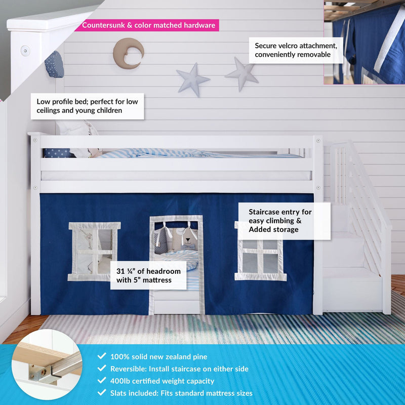 White low-profile kids loft bed with staircase and navy play-tent curtain, solid New Zealand pine construction, reversible stairs, 400 lb capacity