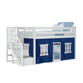 White wooden kids loft bed with staircase storage and navy-blue playhouse curtain featuring windows and doorway, twin mattress with blue bedding — children's bedroom furniture