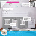 White low-profile kids loft bed with reversible staircase, gray playhouse curtain and windows, solid New Zealand pine frame, 400 lb capacity, fits standard mattress, ideal children's bedroom storage and play