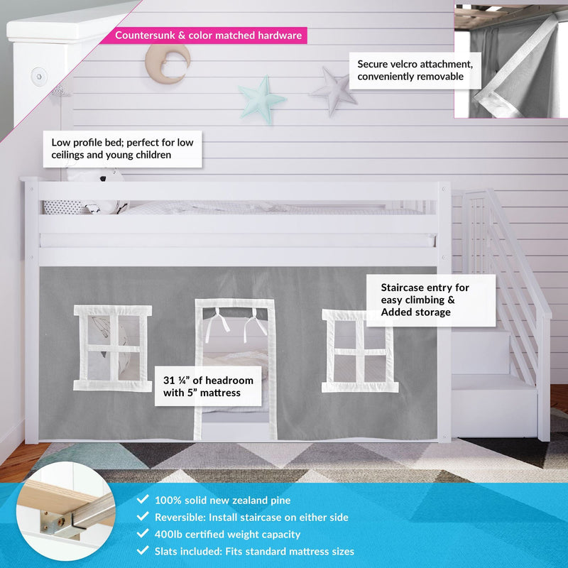 White low-profile kids loft bed with reversible staircase, gray playhouse curtain and windows, solid New Zealand pine frame, 400 lb capacity, fits standard mattress, ideal children's bedroom storage and play