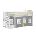 White wooden kids loft bed with built-in stairs and storage, gray playhouse curtain with windows and doorway, space-saving children's bedroom furniture