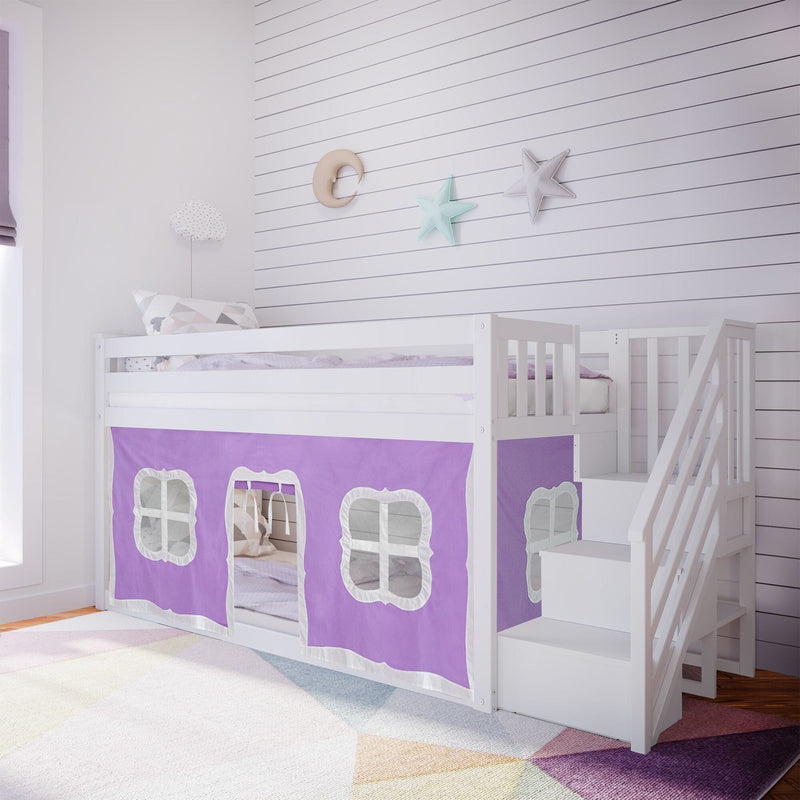 Loft bed with purple playhouse curtain and stairs in children's bedroom with white shiplap walls.