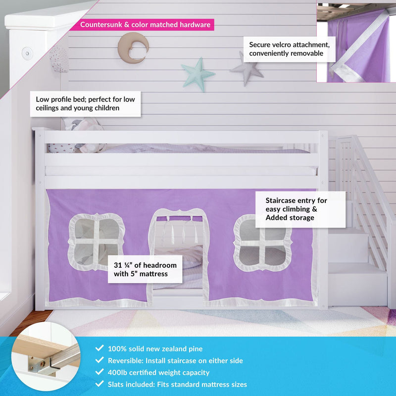 White kids' loft bed with staircase and purple fabric cover, featuring storage, solid New Zealand pine construction, and reversible staircase for versatile setup.