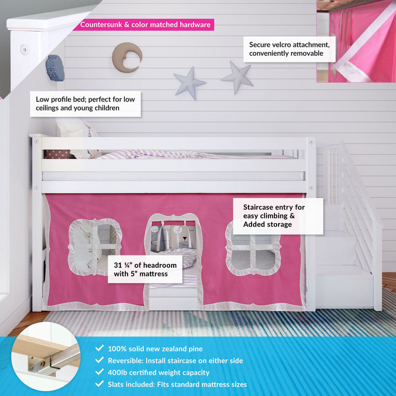 Low profile children's loft bed with reversible staircase, secure velcro pink curtain, and storage steps, made from solid New Zealand pine, ideal for small spaces and low ceilings.