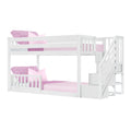 White twin-over-twin bunk bed with built-in staircase storage, pink bedding and pillows, space-saving kids bedroom furniture
