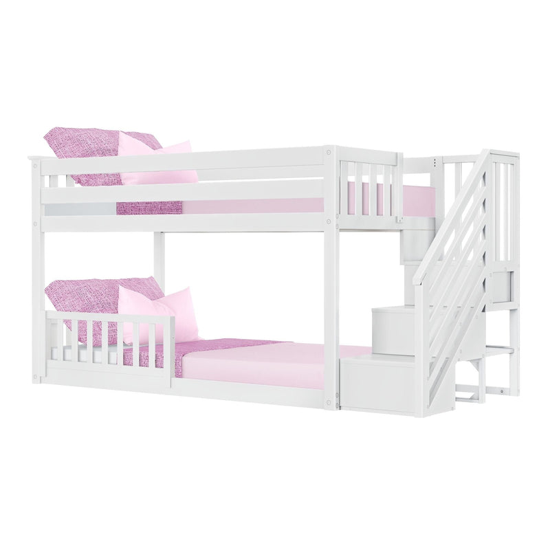 White twin-over-twin bunk bed with built-in staircase storage, pink bedding and pillows, space-saving kids bedroom furniture