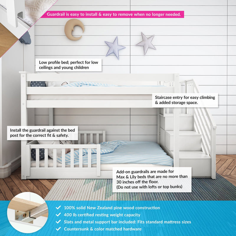 White wooden bunk bed with stairs and safety features, perfect for children and low ceilings, includes removable guardrails, solid pine construction, 400 lb capacity, and storage space.