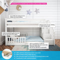 White wooden twin-over-twin bunk bed with stairs and removable guardrails, low-profile kids' bed made from solid New Zealand pine, fits standard mattress, 400 lb capacity