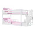 White wooden twin-over-twin bunk bed with staircase and built-in storage drawers, pink bedding and pillows, space-saving modern kids' bedroom furniture