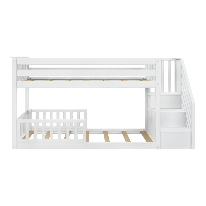 White wooden bunk bed with safety rails and built-in stairs for kids' bedroom.